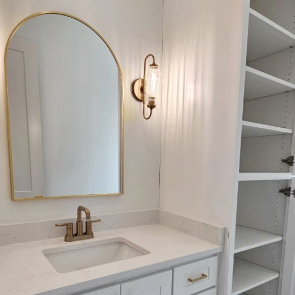 Bathroom vanity and closets.